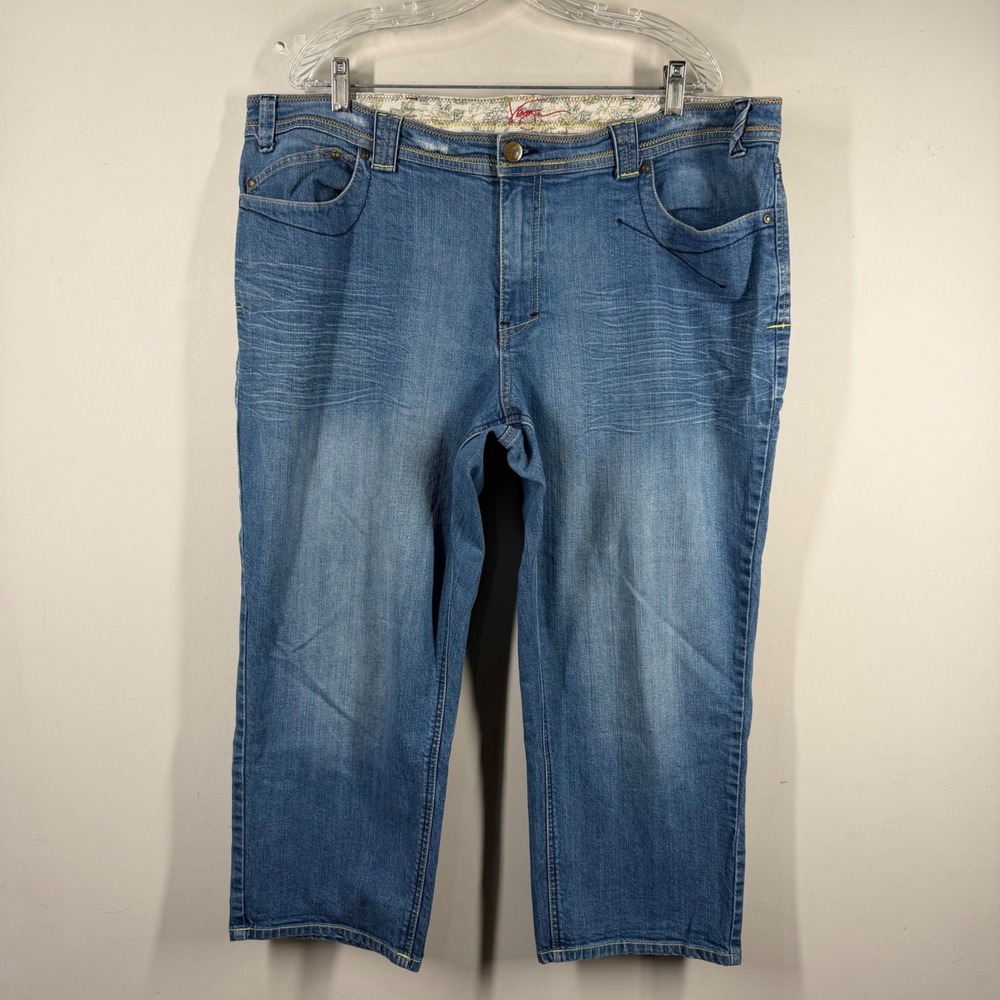 Venezia Blue Denim Cropped Jeans Womens 20 Mid Wash Capri Floral Trim Stitching